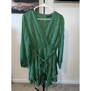 Kojooin green wrap-front long-sleeved tie waist ruffled hem mini dress sz XL